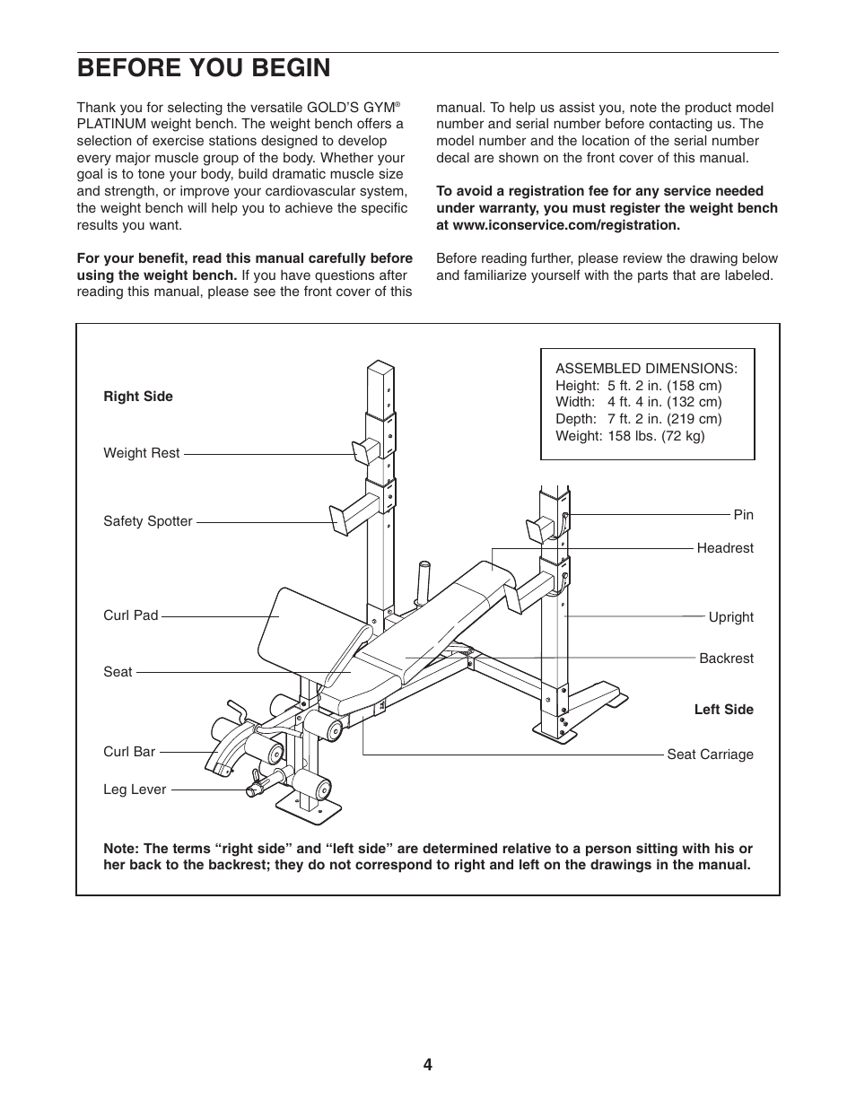 Before you begin | Gold's Gym Platinum GGBE25580 User Manual | Page 4 / 20