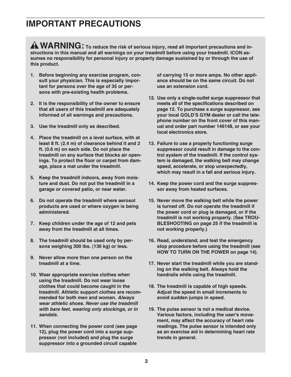 Warning, Important precautions | Gold's Gym GGTL80608.0 User Manual | Page 3 / 36