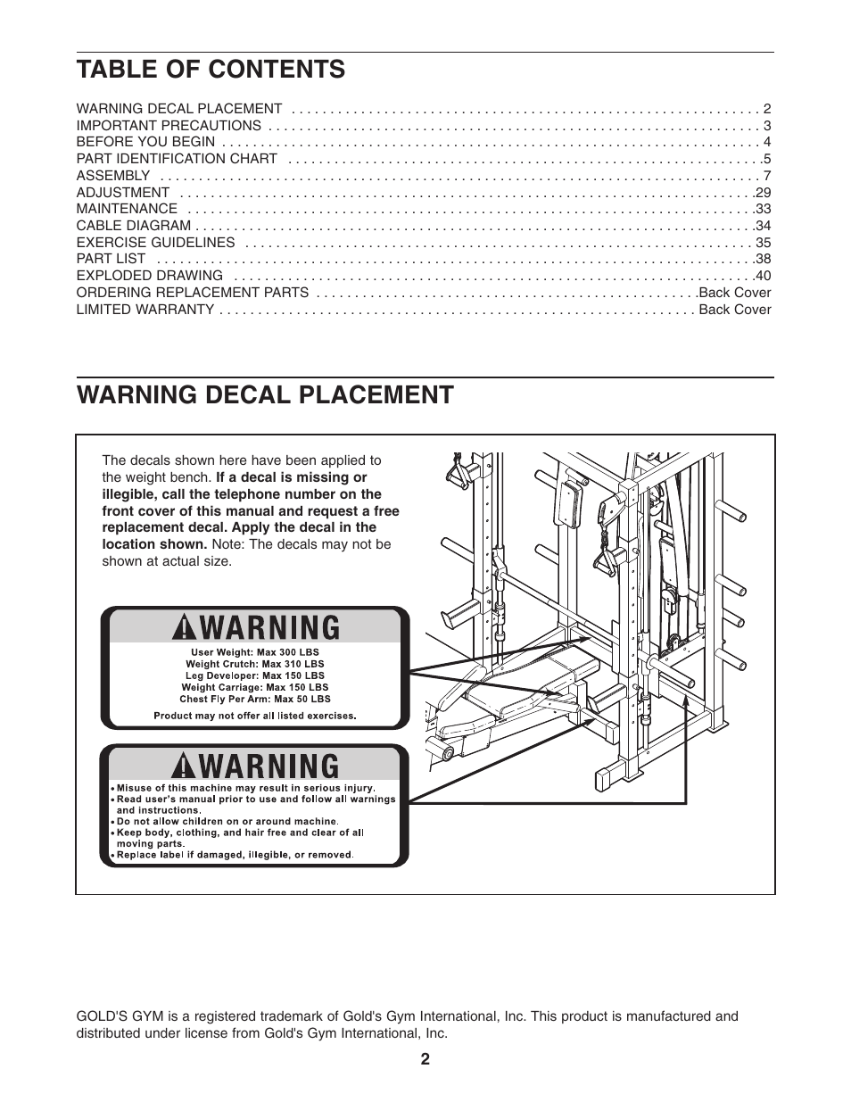 Gold's Gym GGBE8057.0 User Manual | Page 2 / 44