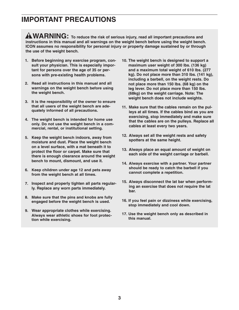 Warning, Important precautions | Gold's Gym GGBE8057.0 User Manual | Page 3 / 44