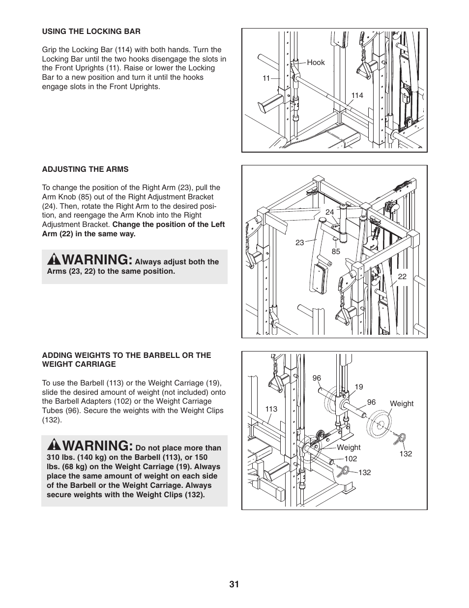 Warning | Gold's Gym GGBE8057.0 User Manual | Page 31 / 44