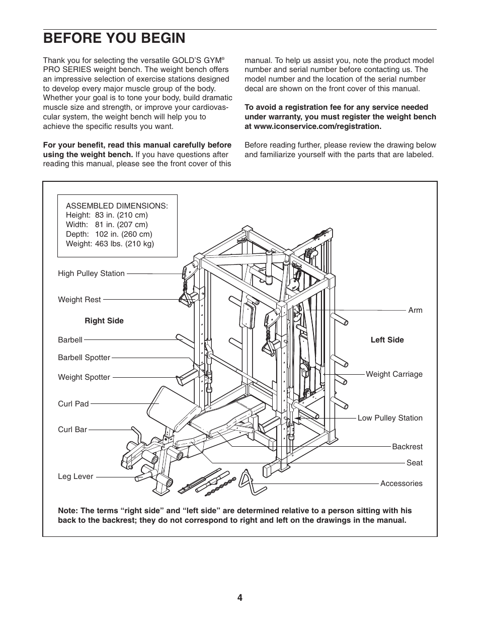 Before you begin | Gold's Gym GGBE8057.0 User Manual | Page 4 / 44