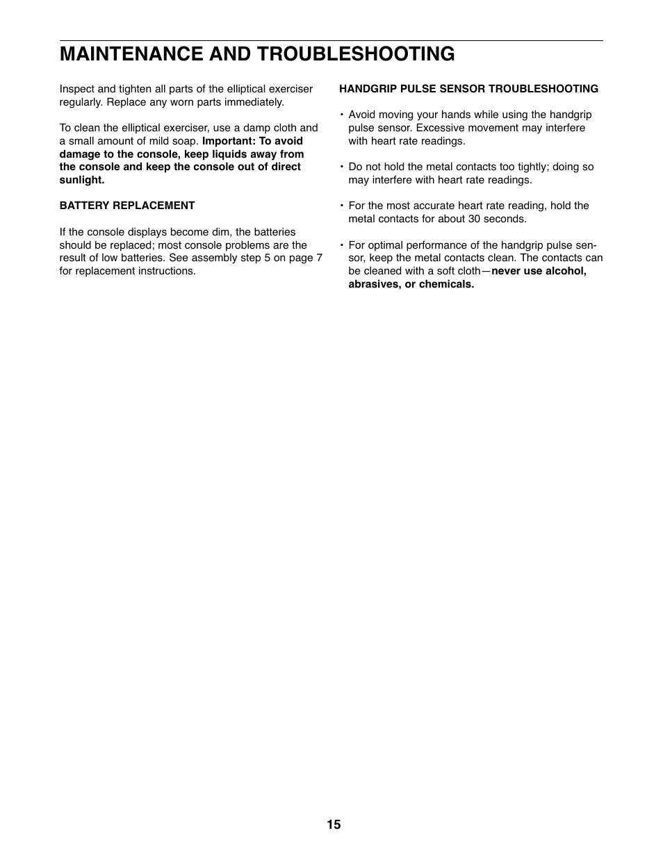 Maintenance and troubleshooting | Gold's Gym GGEL62707.0 User Manual | Page 15 / 20