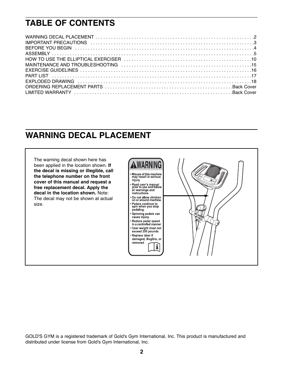Gold's Gym GGEL62707.0 User Manual | Page 2 / 20