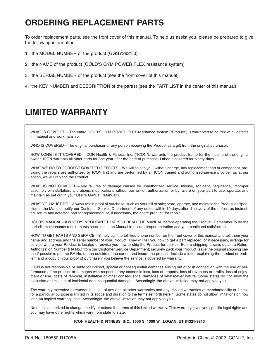 Ordering replacement parts, Limited warranty | Gold's Gym GGSY2921.0 User Manual | Page 17 / 17