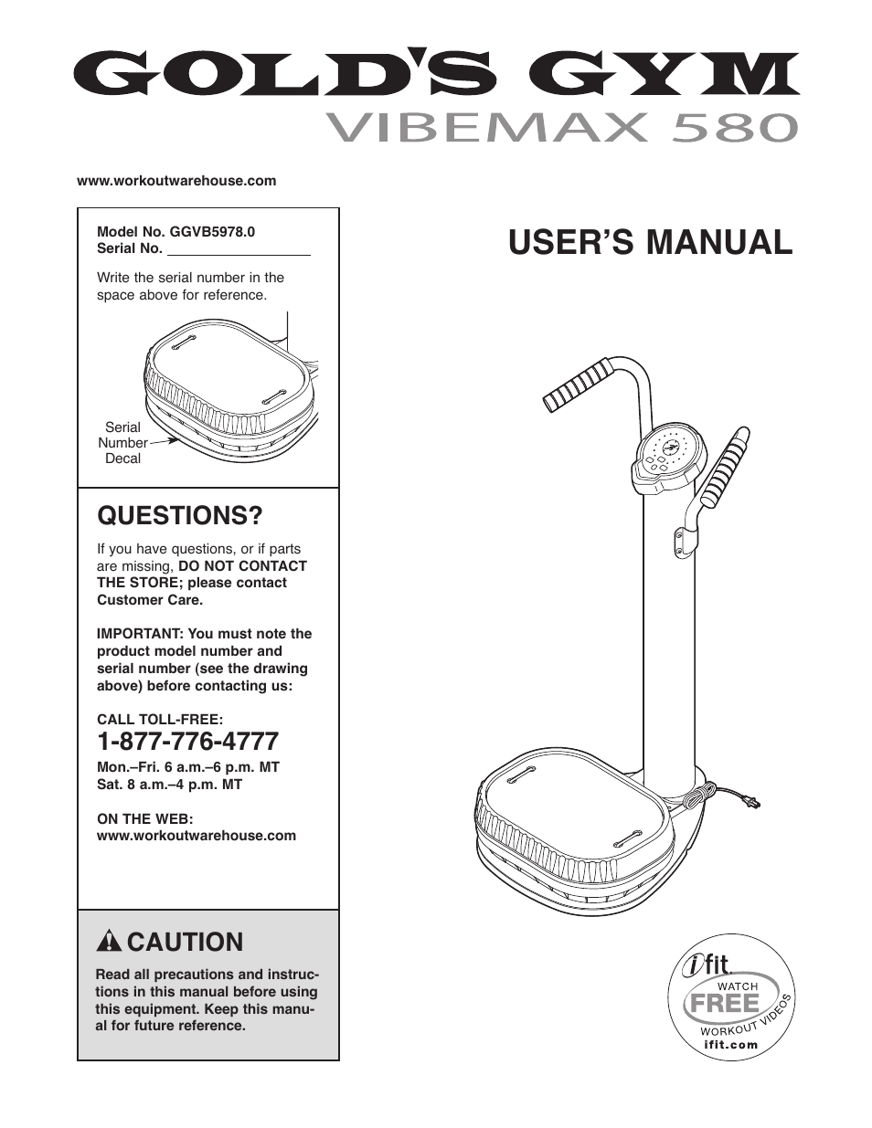 Gold's Gym VIBEMAX 580 User Manual | 12 pages