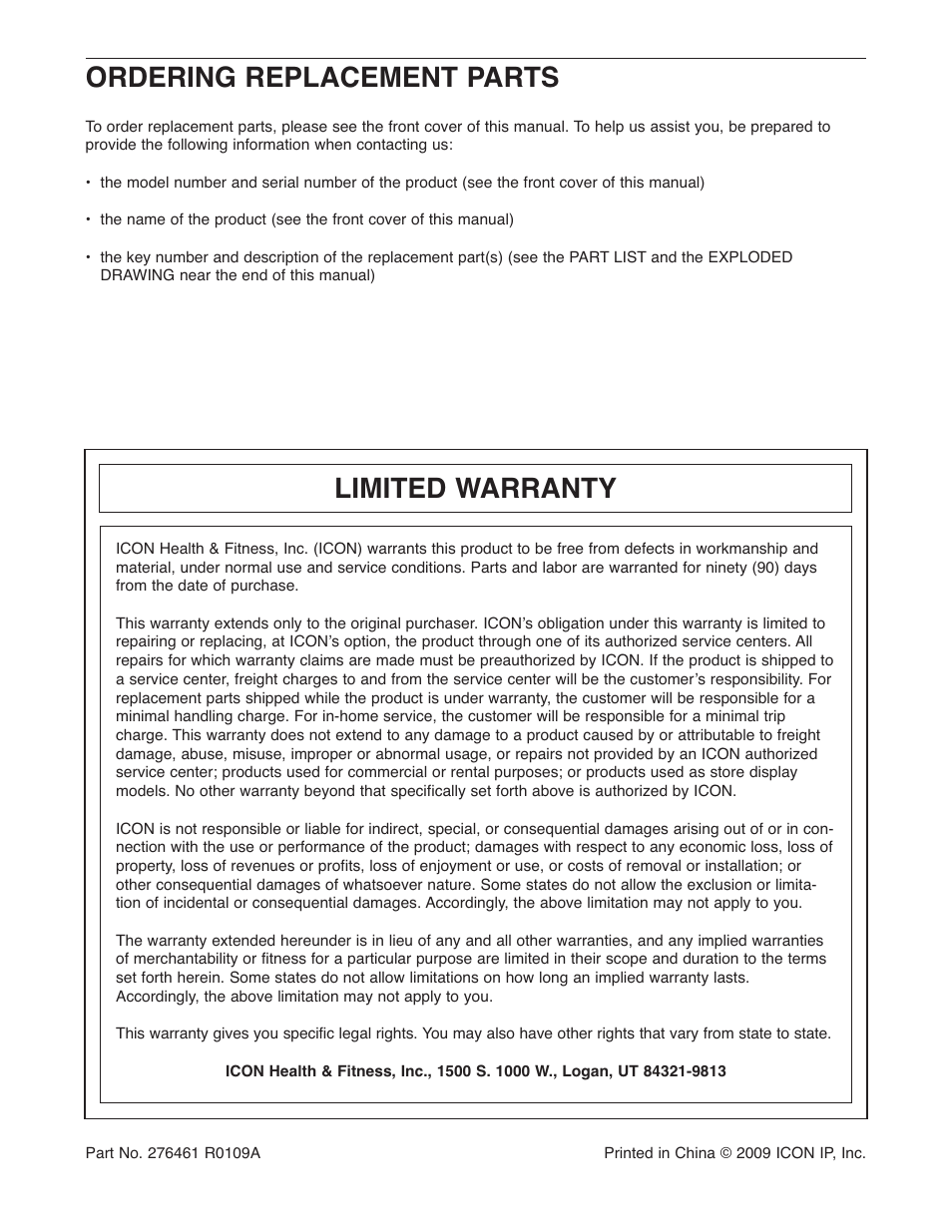 Ordering replacement parts, Limited warranty | Gold's Gym VIBEMAX 580 User Manual | Page 12 / 12