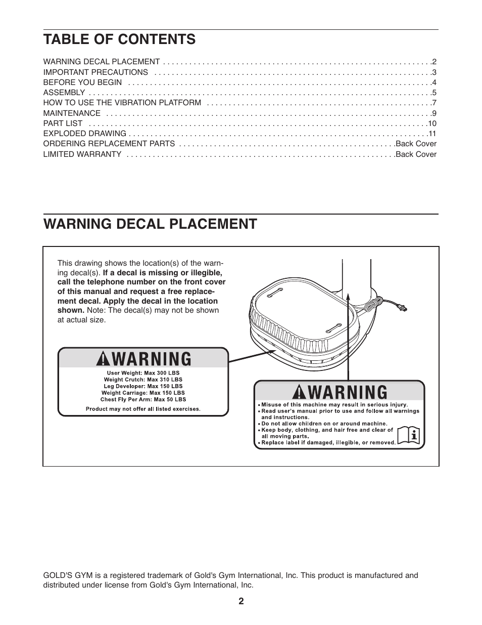 Warning decal placement table of contents | Gold's Gym VIBEMAX 580 User Manual | Page 2 / 12