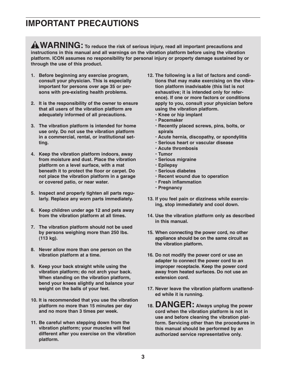 Warning, Important precautions, Danger | Gold's Gym VIBEMAX 580 User Manual | Page 3 / 12