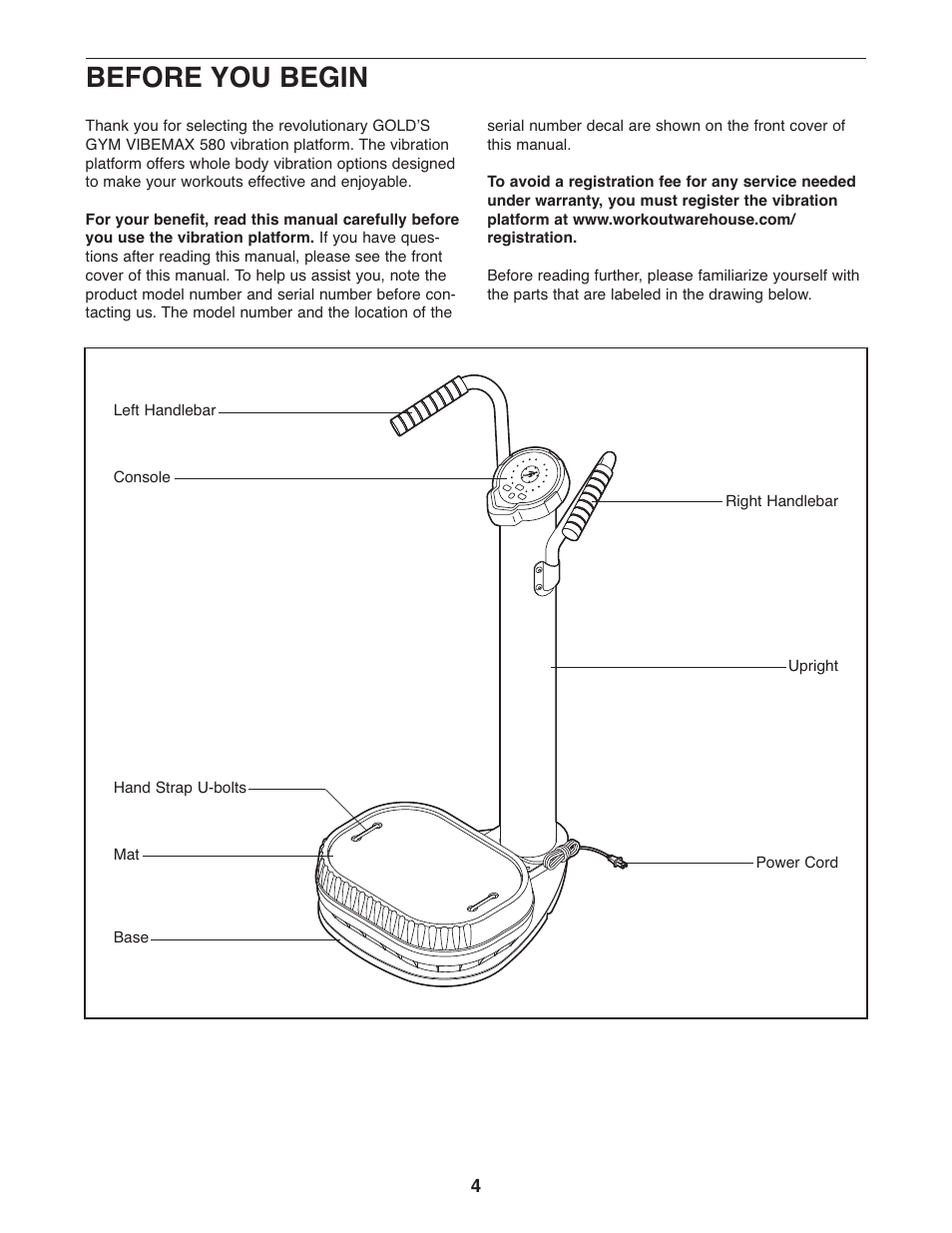 Before you begin | Gold's Gym VIBEMAX 580 User Manual | Page 4 / 12