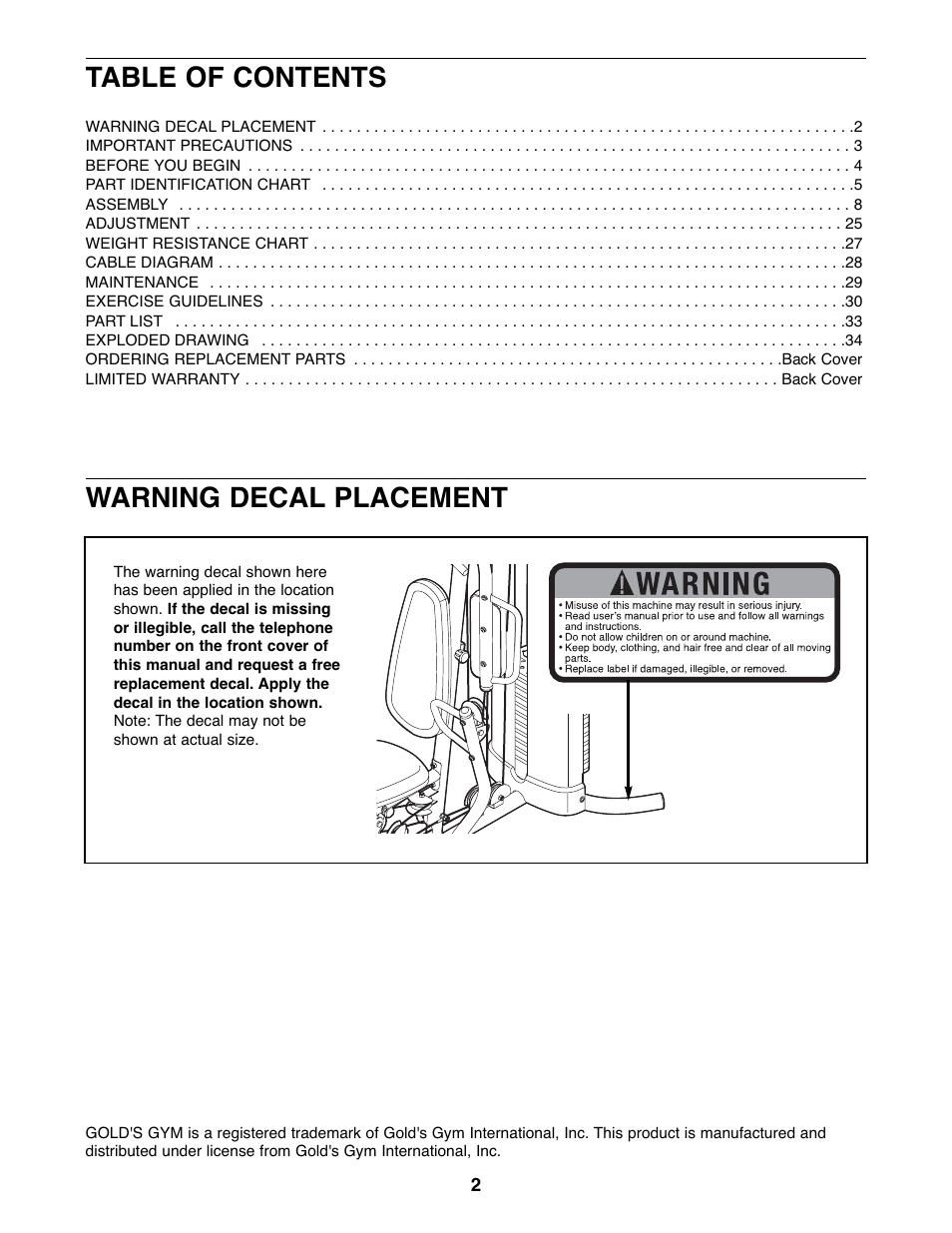 Gold's Gym GGSY3066.1 User Manual | Page 2 / 36