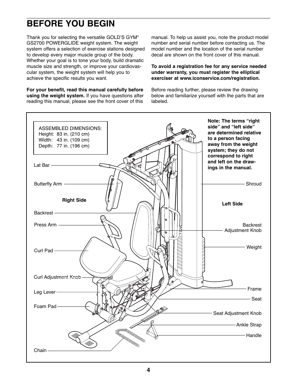 Before you begin | Gold's Gym GGSY3066.1 User Manual | Page 4 / 36