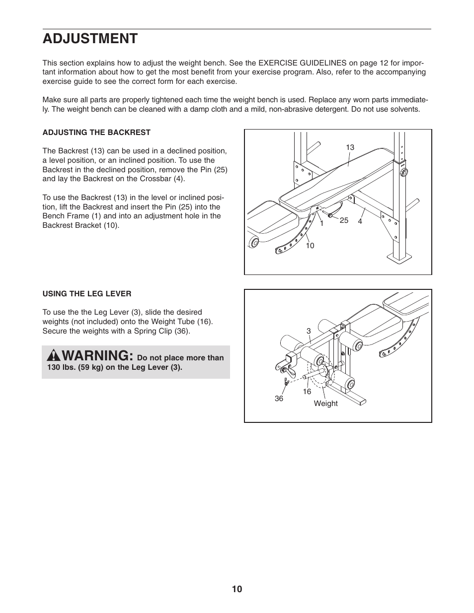Adjustment, Warning | Gold's Gym GGBE1067.0 User Manual | Page 10 / 16