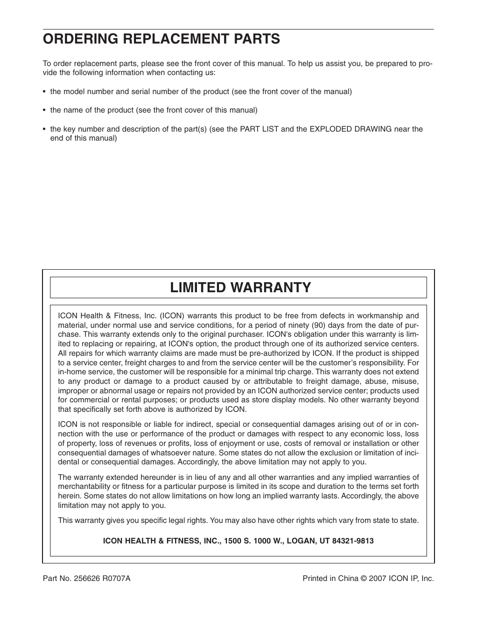Limited warranty, Ordering replacement parts | Gold's Gym GGBE1067.0 User Manual | Page 16 / 16