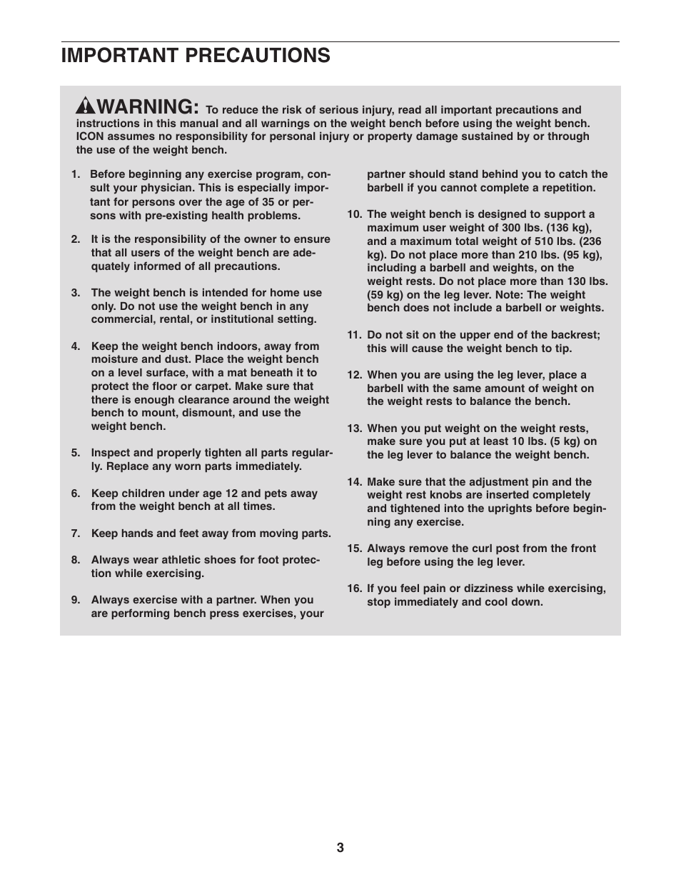 Warning, Important precautions | Gold's Gym GGBE1067.0 User Manual | Page 3 / 16