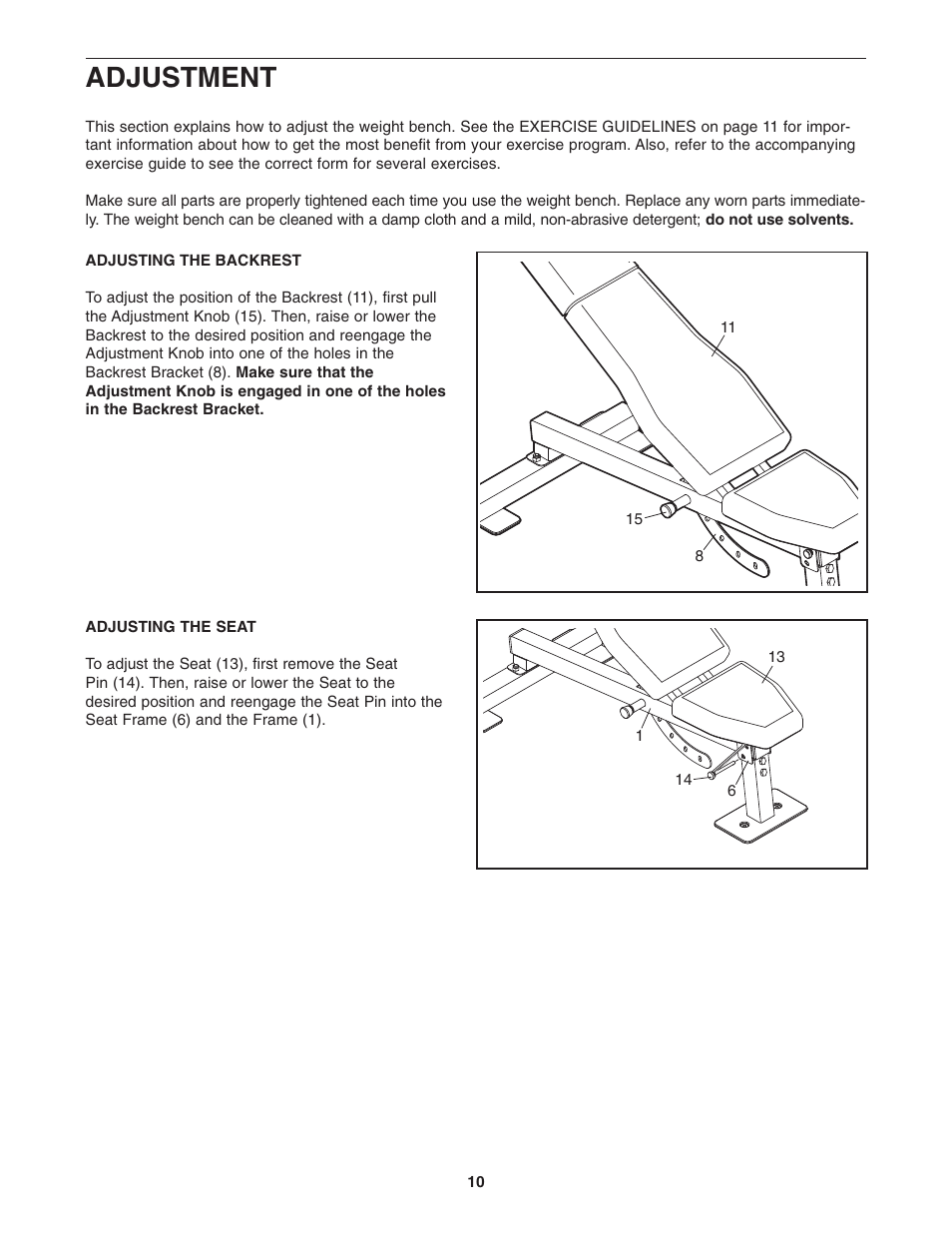 Adjustment | Gold's Gym Platinum GGBE0957.0 User Manual | Page 10 / 16