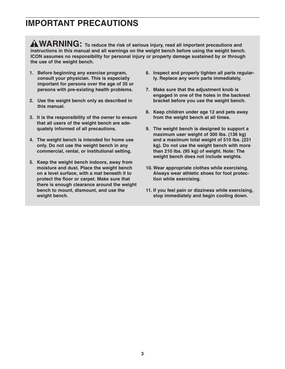 Warning, Important precautions | Gold's Gym Platinum GGBE0957.0 User Manual | Page 3 / 16