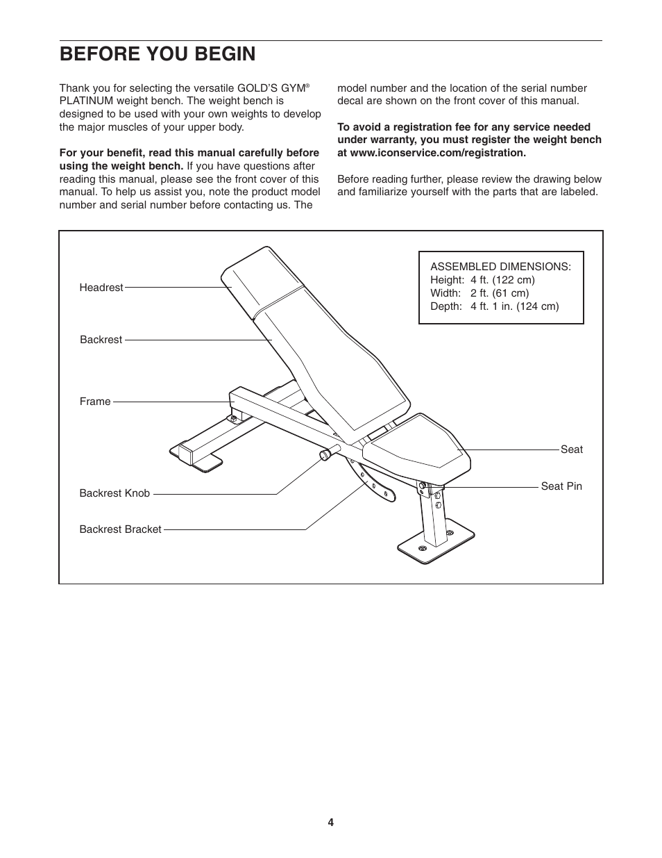 Before you begin | Gold's Gym Platinum GGBE0957.0 User Manual | Page 4 / 16