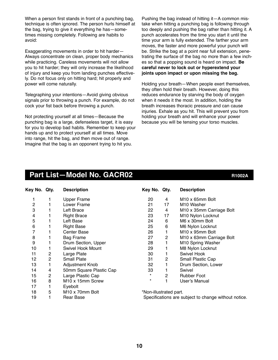 Part list—model no. gacr02 | Gold's Gym GACR02 User Manual | Page 10 / 12
