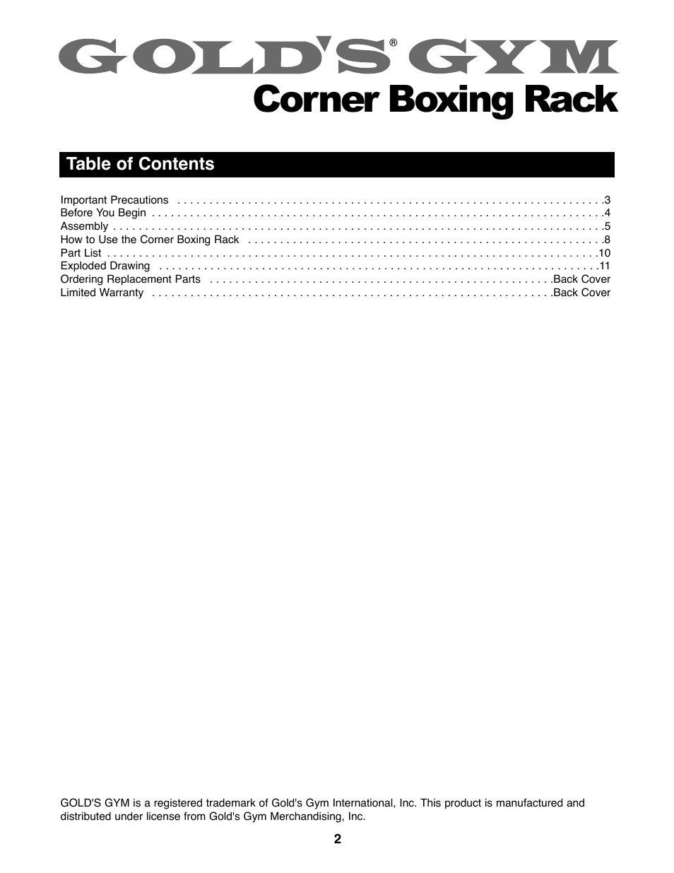 Corner boxing rack | Gold's Gym GACR02 User Manual | Page 2 / 12