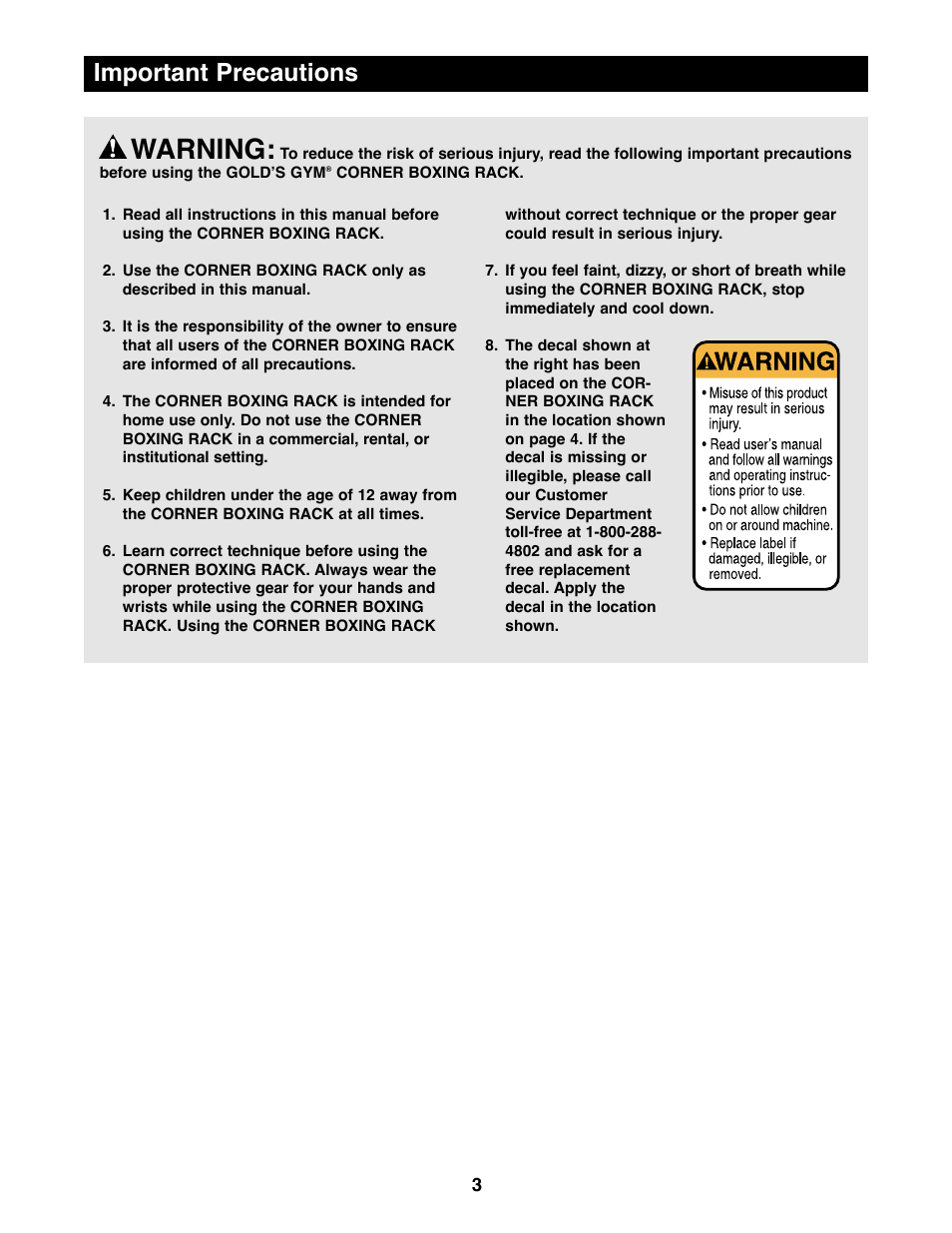 Warning, Important precautions | Gold's Gym GACR02 User Manual | Page 3 / 12