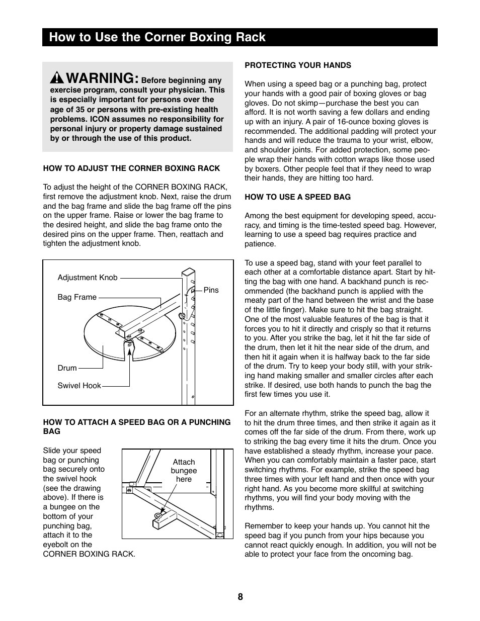 Warning, How to use the corner boxing rack | Gold's Gym GACR02 User Manual | Page 8 / 12