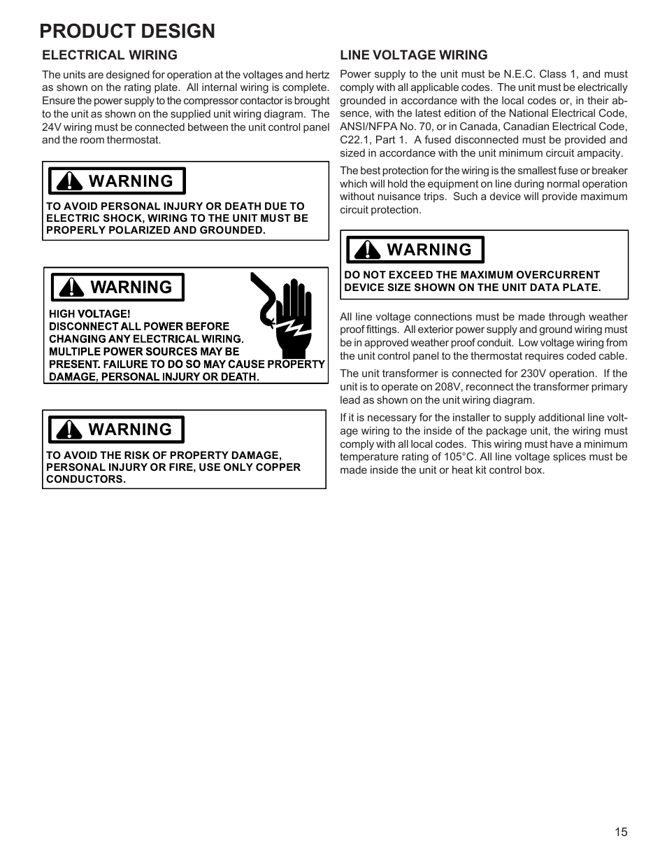 Product design, Warning | Goodman Mfg R-410A User Manual | Page 15 / 47