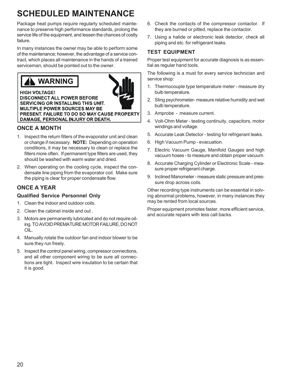 Scheduled maintenance, Warning | Goodman Mfg R-410A User Manual | Page 20 / 47