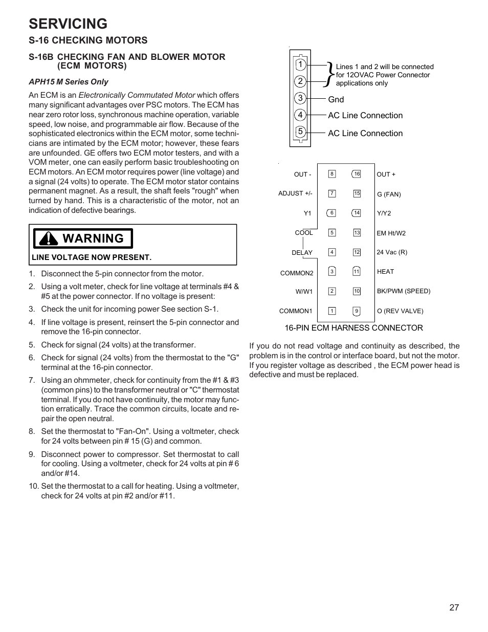 Servicing, Warning, S-16 checking motors | Goodman Mfg R-410A User Manual | Page 27 / 47