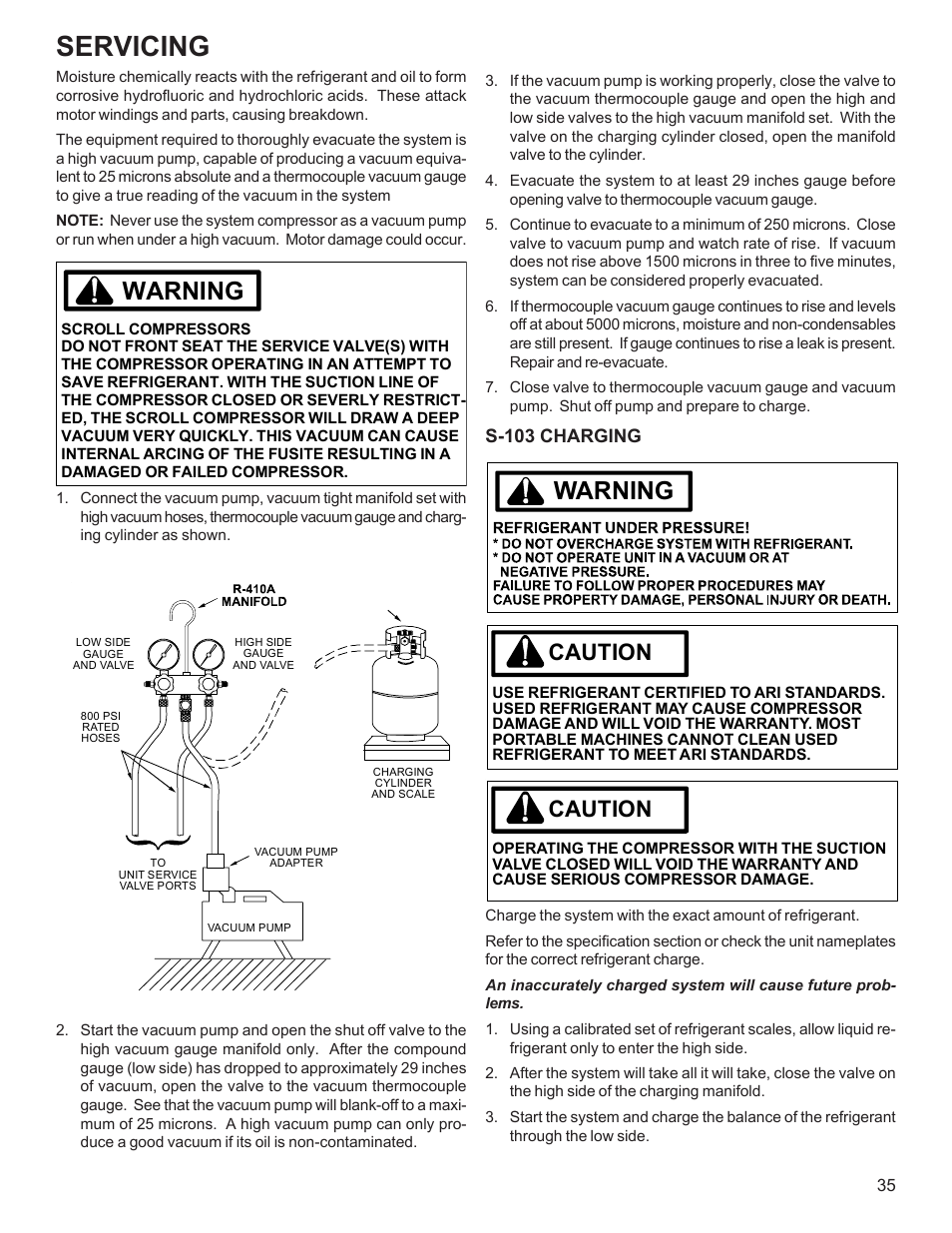 Servicing, Warning, Caution | Goodman Mfg R-410A User Manual | Page 35 / 47