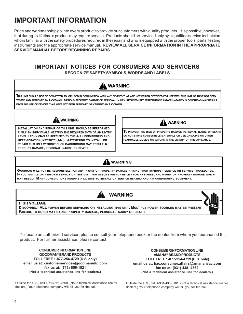 Important information, Important notices for consumers and servicers, Warning | Goodman Mfg R-410A User Manual | Page 4 / 47