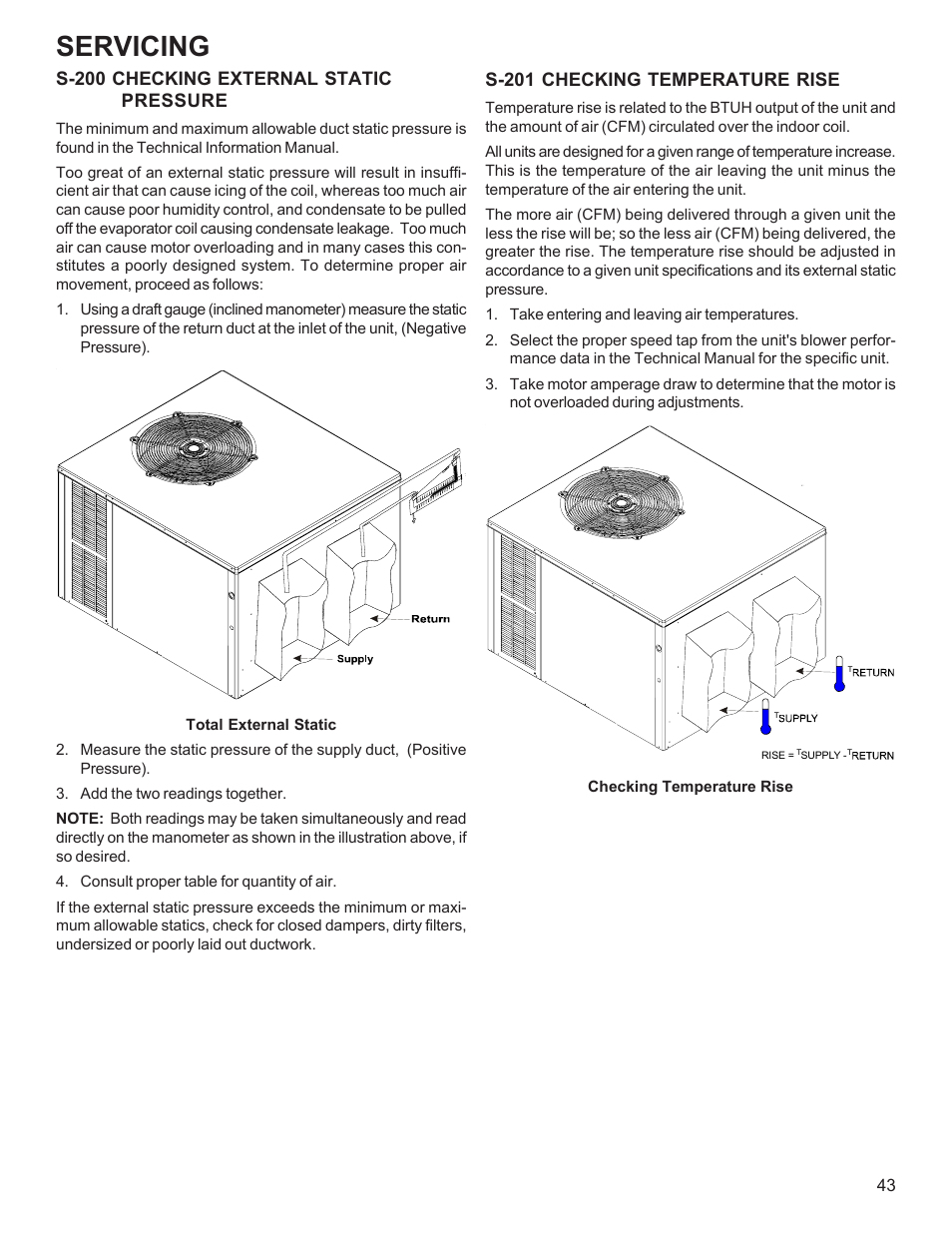 Servicing, S-200 checking external static pressure, S-201 checking temperature rise | Goodman Mfg R-410A User Manual | Page 43 / 47