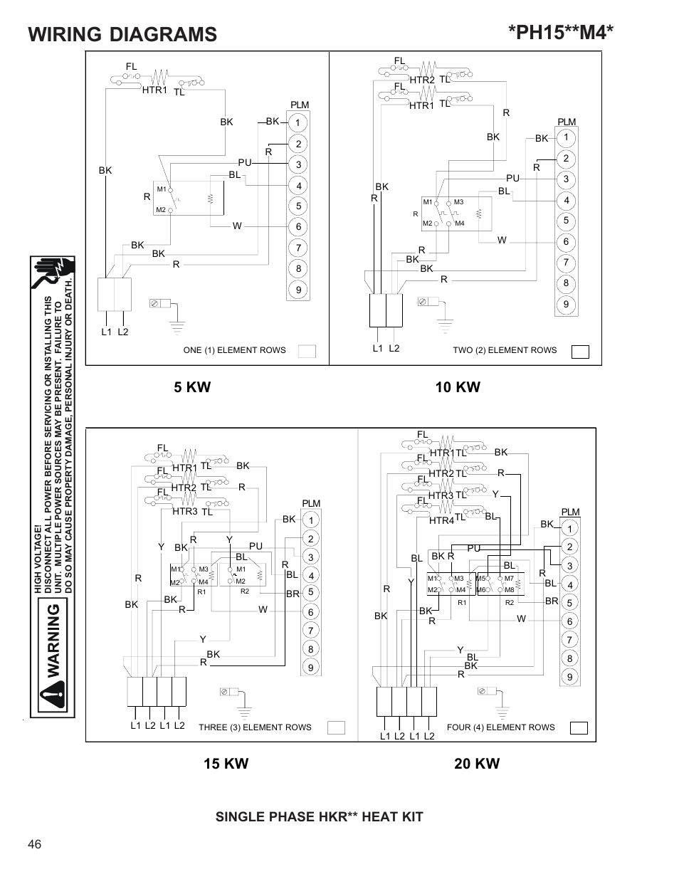 Wiring diagrams, Ph15**m4, 5 kw 10 kw | 15 kw 20 kw, Single phase hkr** heat kit | Goodman Mfg R-410A User Manual | Page 46 / 47