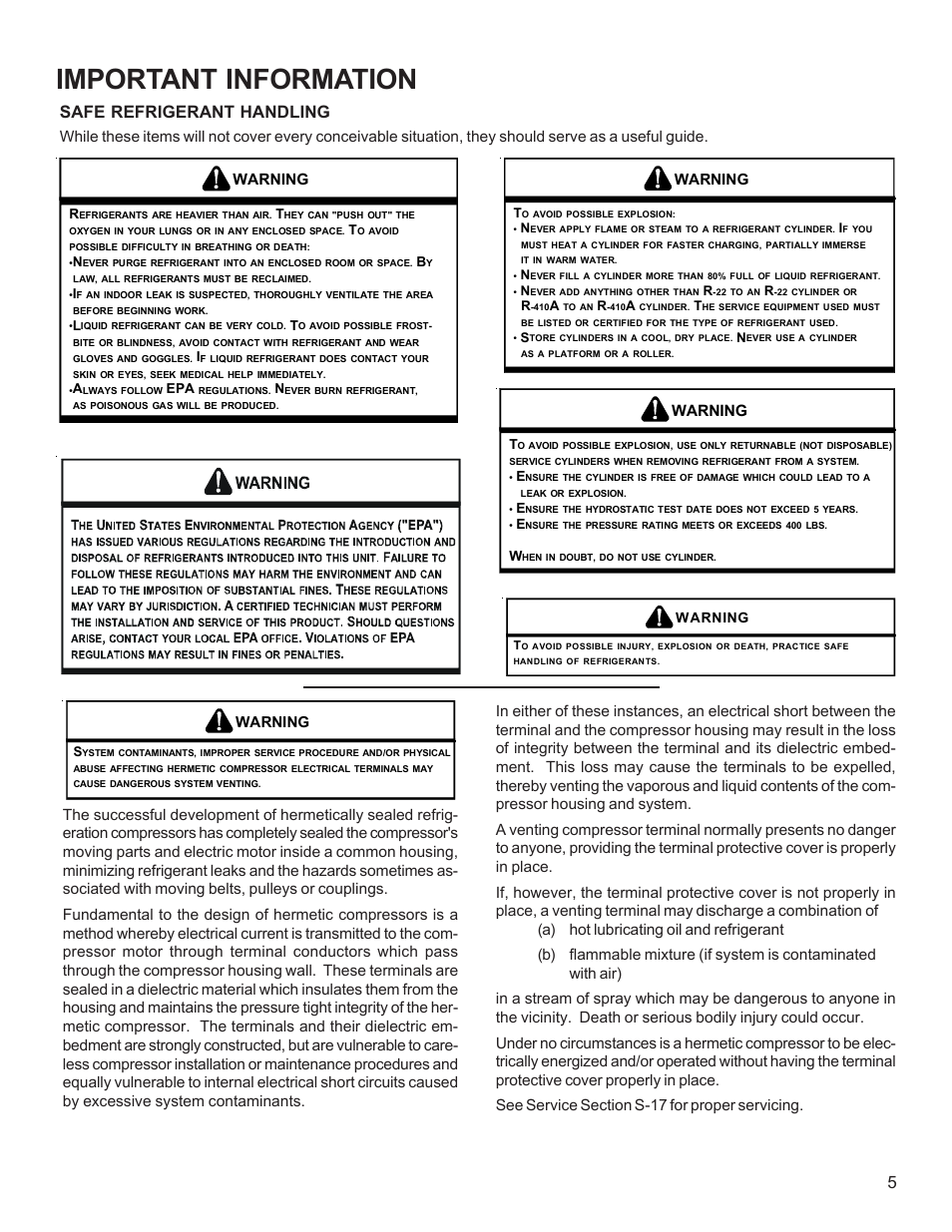 Important information, Safe refrigerant handling, Warning | Goodman Mfg R-410A User Manual | Page 5 / 47