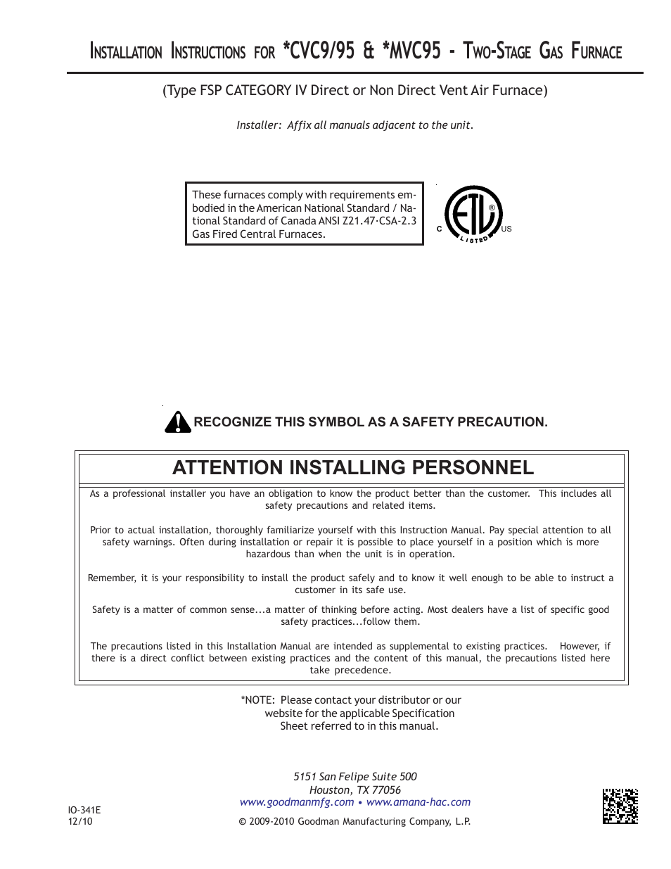 Goodman Mfg MVC95 User Manual | 60 pages