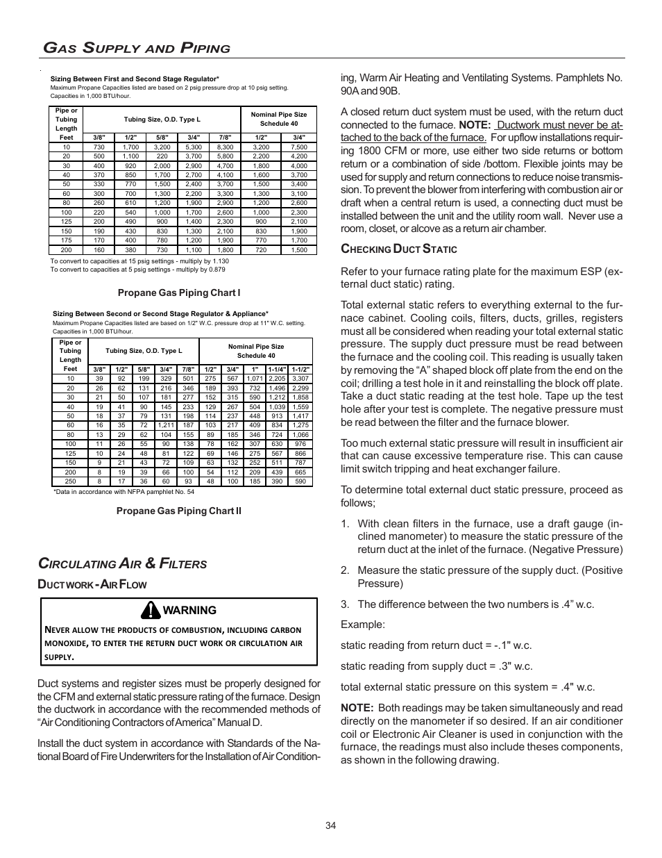 Warning, Upply, Iping | Irculating, Ilters, Propane gas piping chart i, Propane gas piping chart ii | Goodman Mfg MVC95 User Manual | Page 34 / 60