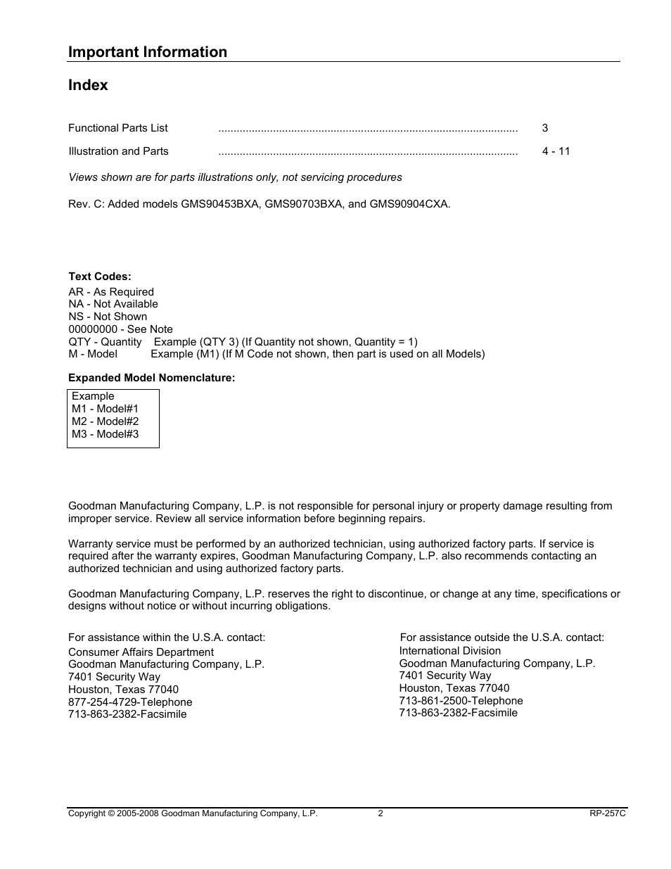 Important information, Index | Goodman Mfg GMS91155DXA User Manual | Page 2 / 11