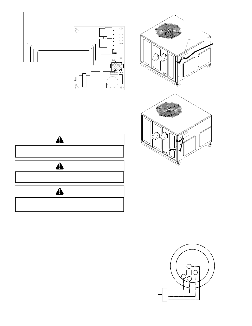 Warning, Caution, Typical electrical wiring unit voltage | Typical thermostat and unit 24 v wiring hookup, Oltage, Nticipator, Etting, Low voltage connector y/y2, Junction box, Erify proper operation after servicing | Goodman Mfg GPG13 User Manual | Page 9 / 40