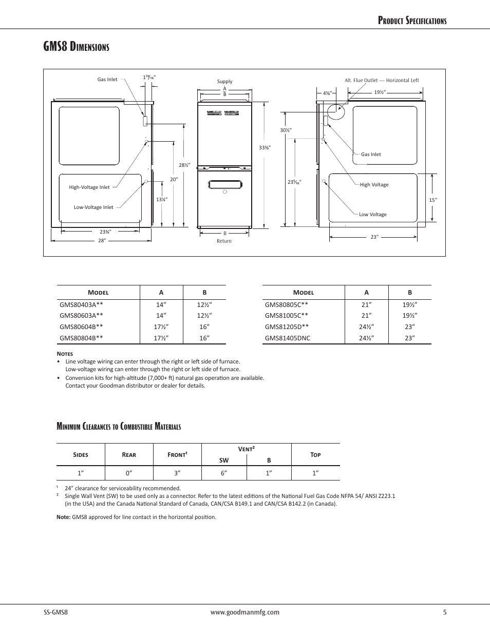 Gms8 d, Imensions | Goodman Mfg GDS8 User Manual | Page 5 / 12