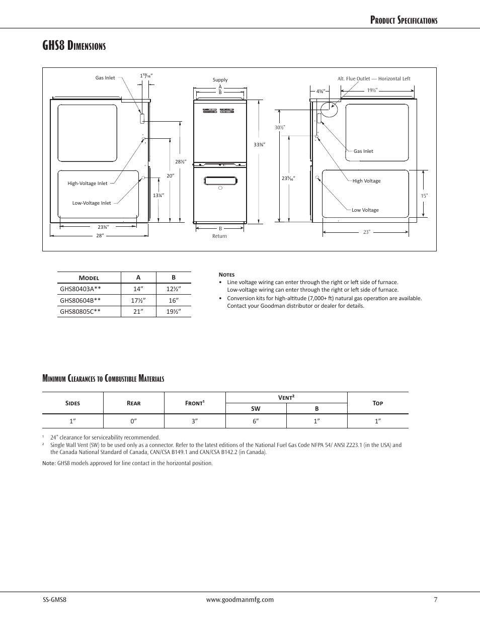 Ghs8 d, Imensions | Goodman Mfg GDS8 User Manual | Page 7 / 12