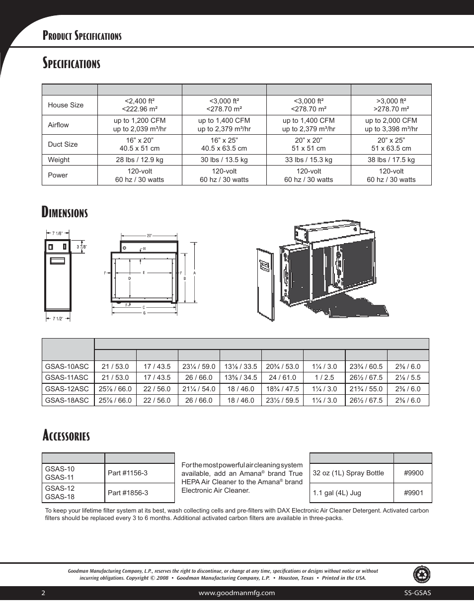 Ccessories, Imensions, Roduct | Pecifications | Goodman Mfg GSAS Series User Manual | Page 2 / 2