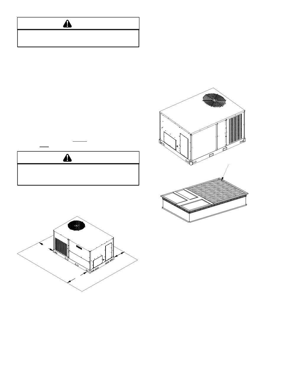 Clearances, Roof curb post-installation checks, Warning | Caution | Goodman Mfg IO-354B User Manual | Page 5 / 27
