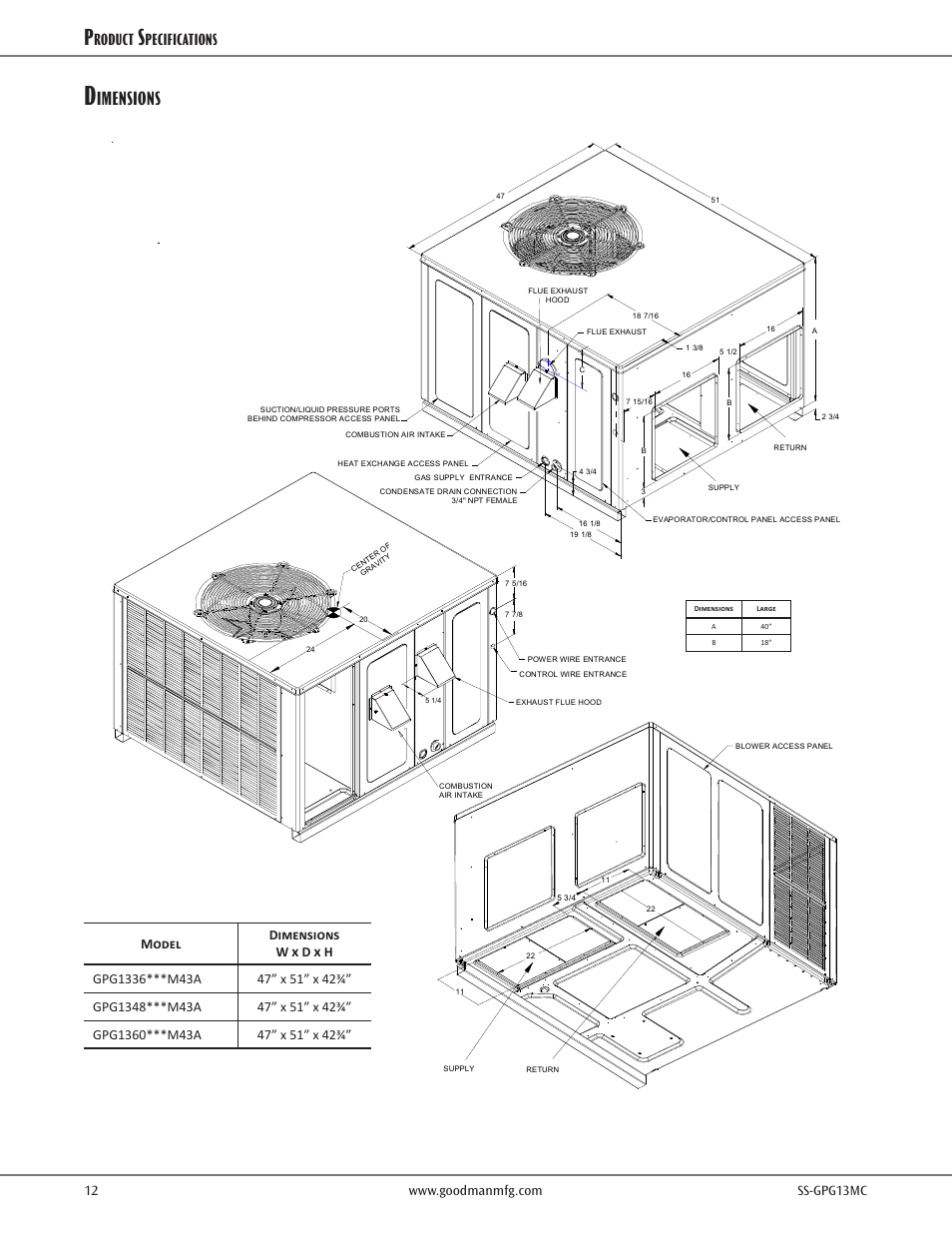 Dimensions, Package gas specifications, Imensions | Roduct, Pecifications, Unit dimensions | Goodman Mfg GPG13M User Manual | Page 12 / 16