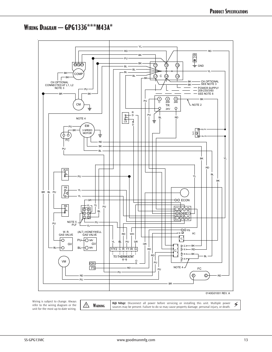 Wiring diagrams, Iring, Iagram | Roduct, Pecifications | Goodman Mfg GPG13M User Manual | Page 13 / 16