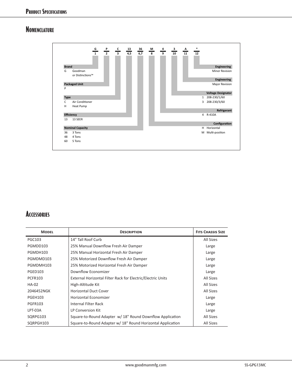 Nomenclature, Accessories, Omenclature | Ccessories | Goodman Mfg GPG13M User Manual | Page 2 / 16
