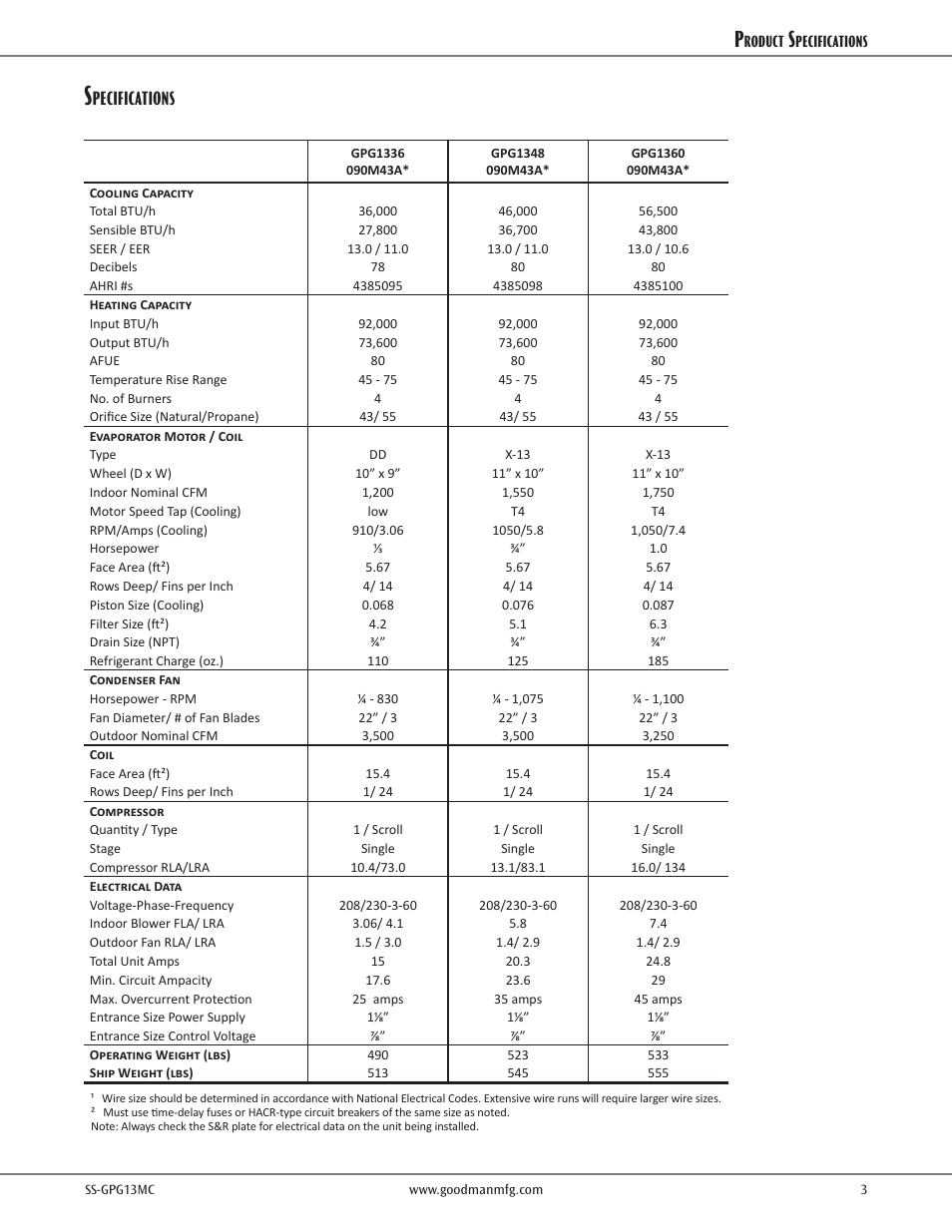Product specs, Pecifications | Goodman Mfg GPG13M User Manual | Page 3 / 16