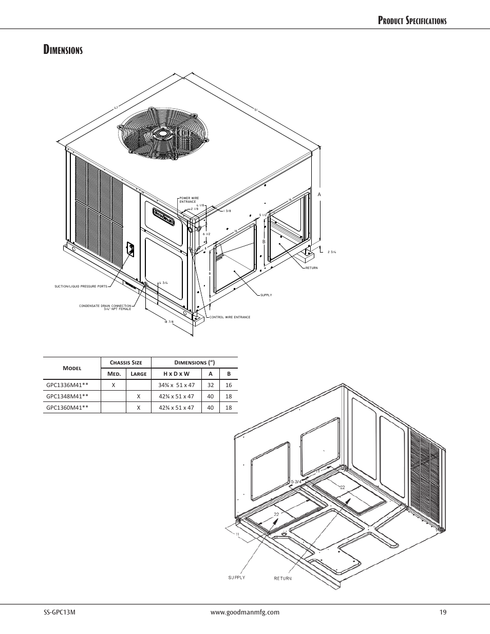 Dimensions, Imensions, Roduct | Pecifications | Goodman Mfg 13 SEER GPC13M User Manual | Page 19 / 24