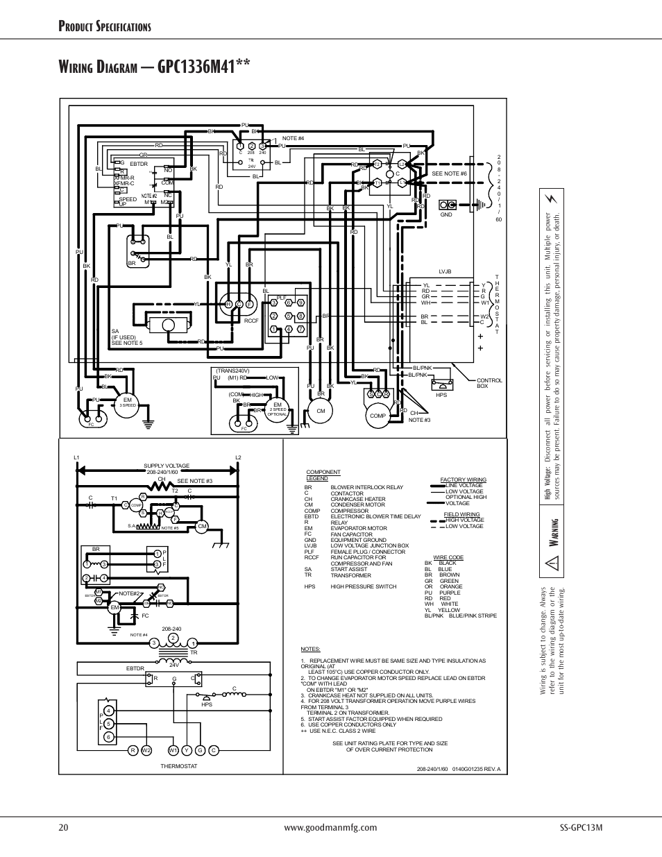 Wiring diagrams, Iring, Iagram | Roduct, Pecifications, Warning, Arning | Goodman Mfg 13 SEER GPC13M User Manual | Page 20 / 24