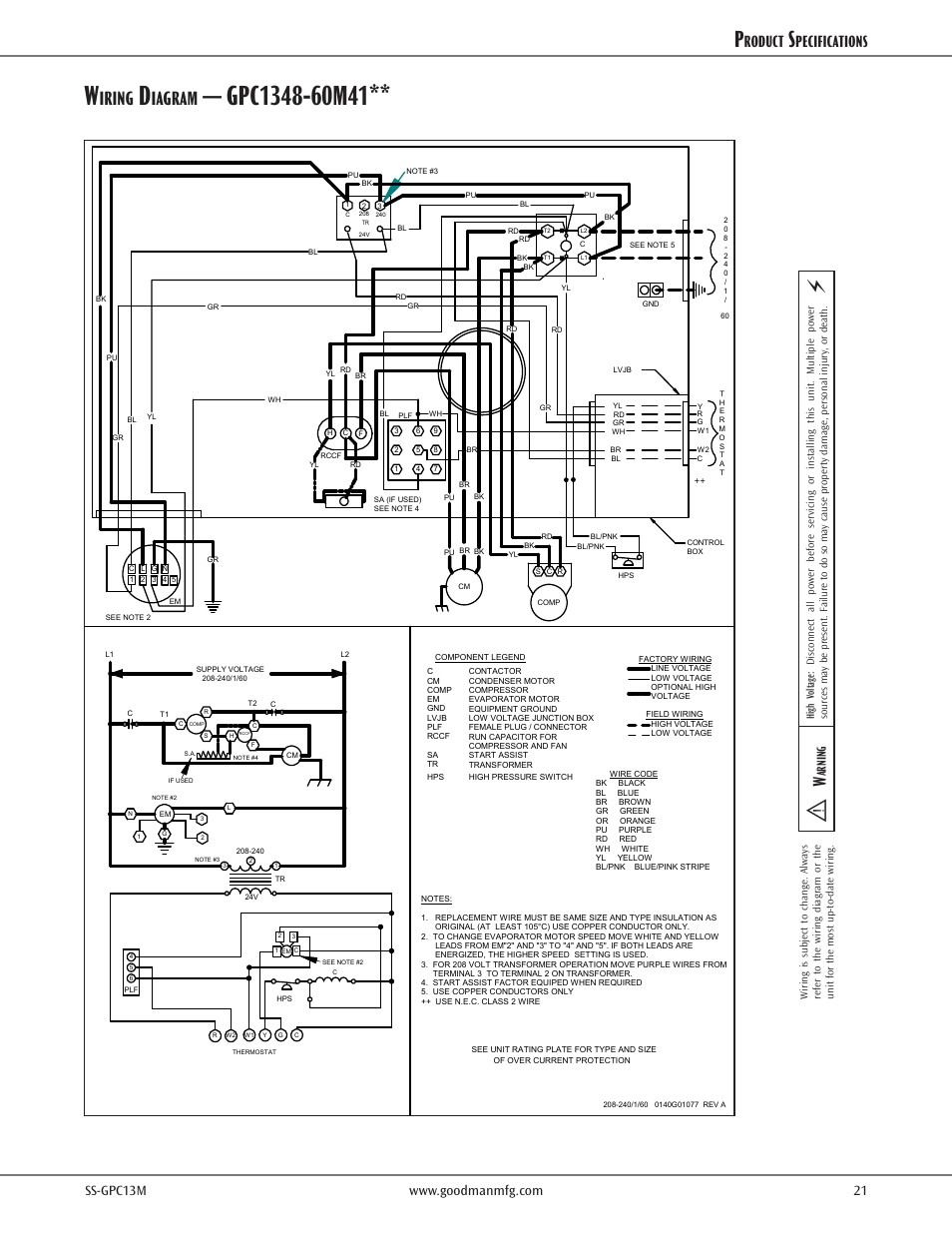 Iring, Iagram, Roduct | Pecifications, Arning | Goodman Mfg 13 SEER GPC13M User Manual | Page 21 / 24