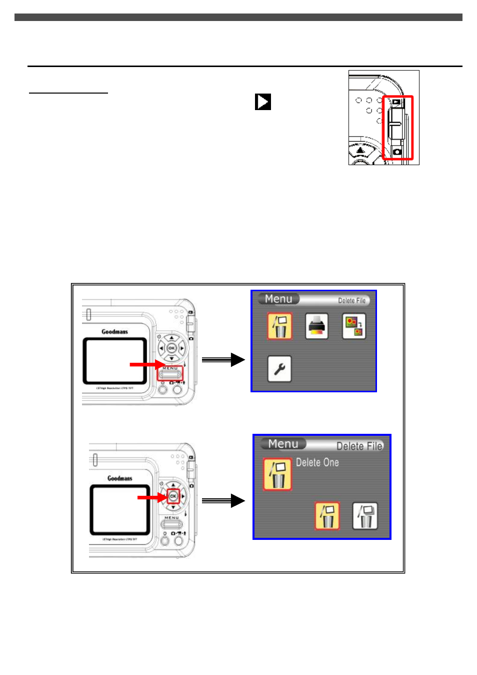 Deleting files (play back mode) | Goodman Mfg G-SHOT 3029TFT User Manual | Page 30 / 40